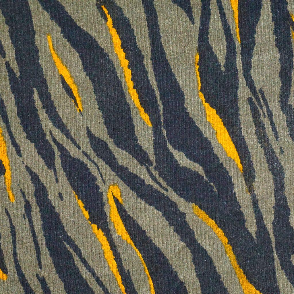 Viskosejersey Tigerstreifen schwarz gelb auf oliv